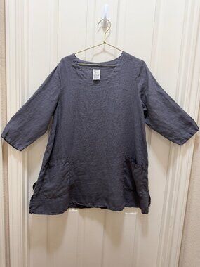 Match Point USA 100% Linen Tunic Top Size S Gray‎ Patch Pockets Lagenlook Boho